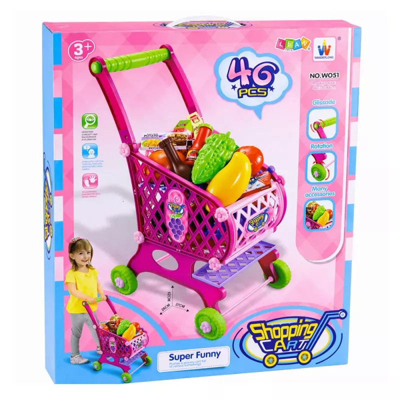 LEAN TOYS Suur ostukorv lastele toidukaupadega, roosa, 52 cm, 46 tk