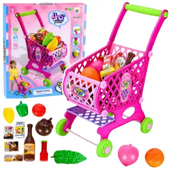 LEAN TOYS Suur ostukorv lastele toidukaupadega, roosa, 52 cm, 46 tk