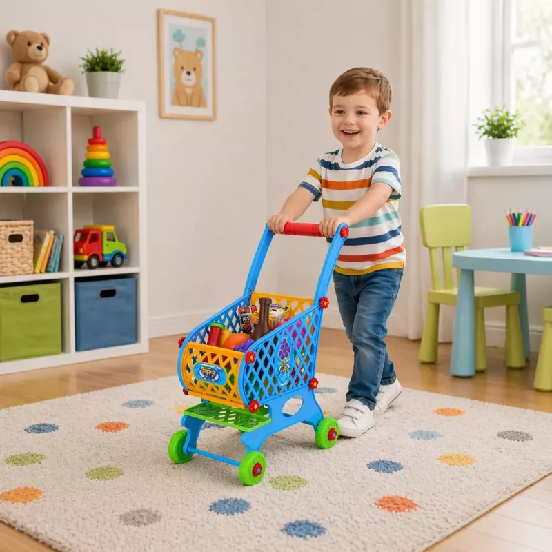 LEAN TOYS Suur ostukorv lastele toidukaupadega Sinine 52cm 46 tk.