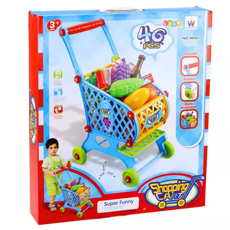 LEAN TOYS Suur ostukorv lastele toidukaupadega Sinine 52cm 46 tk.