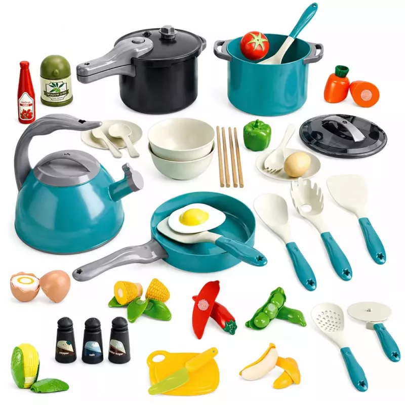 LEAN TOYS Little Chef's Set - Kööginõud, Nõud, Veekeetja, Türkiissinine, 33 Osaline