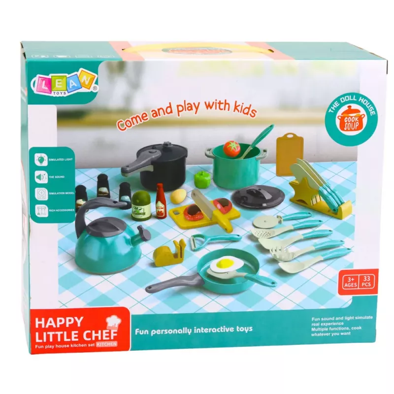 LEAN TOYS Little Chef's Set - Kööginõud, Nõud, Veekeetja, Türkiissinine, 33 Osaline