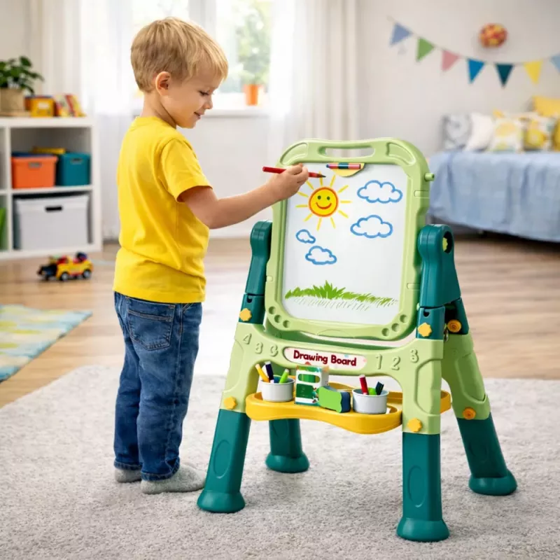 LEAN TOYS Kahepoolne magnetiline kuivpühitav tahvel kriiditahvliga, magnetite ja kriitidega, 48 tk.