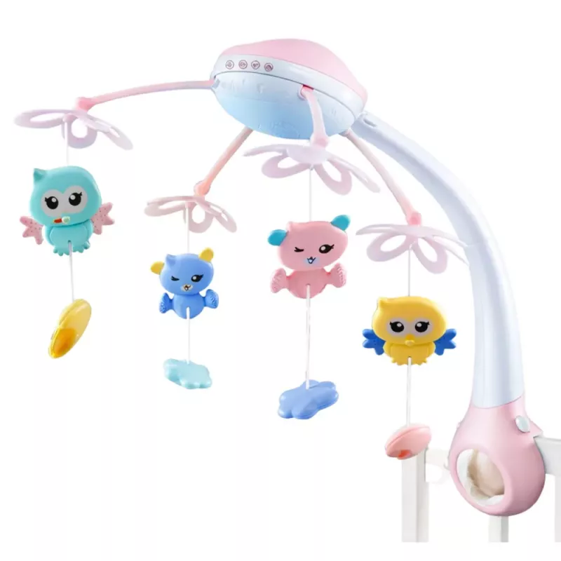 LEAN TOYS Võrevoodi Karussell Projektor 2 in 1 Meloodiad Loomahääled Pult Roosa
