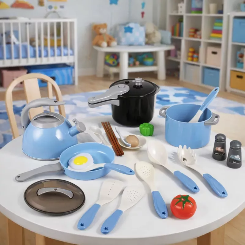 LEAN TOYS Kööginõude komplekt pottide, praepanni, veekeetja ja tarvikutega, sinine, 32 tk