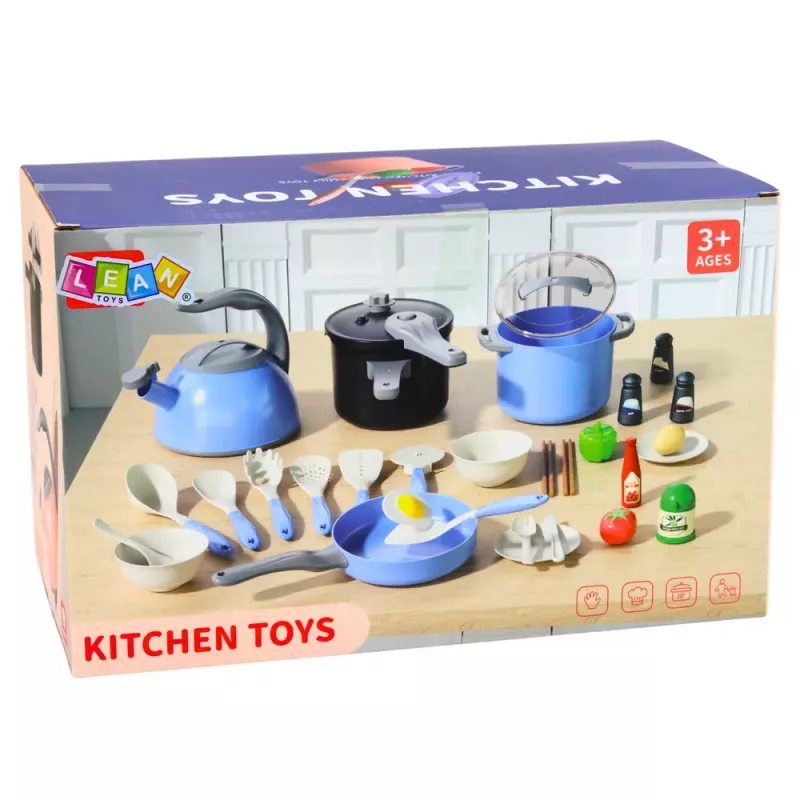 LEAN TOYS Kööginõude komplekt pottide, praepanni, veekeetja ja tarvikutega, sinine, 32 tk