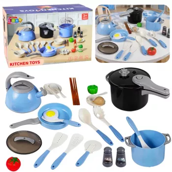 LEAN TOYS Kööginõude komplekt pottide, praepanni, veekeetja ja tarvikutega, sinine, 32 tk