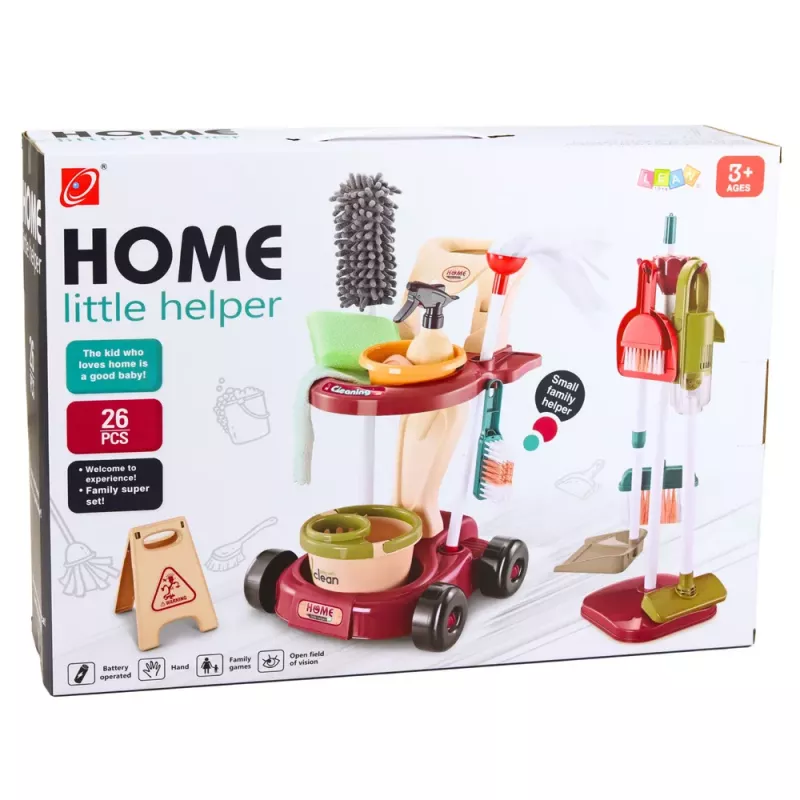 LEAN TOYS Laste koristuskomplekt käru, mopi, ämbri ja tolmuimejaga, 26 osa
