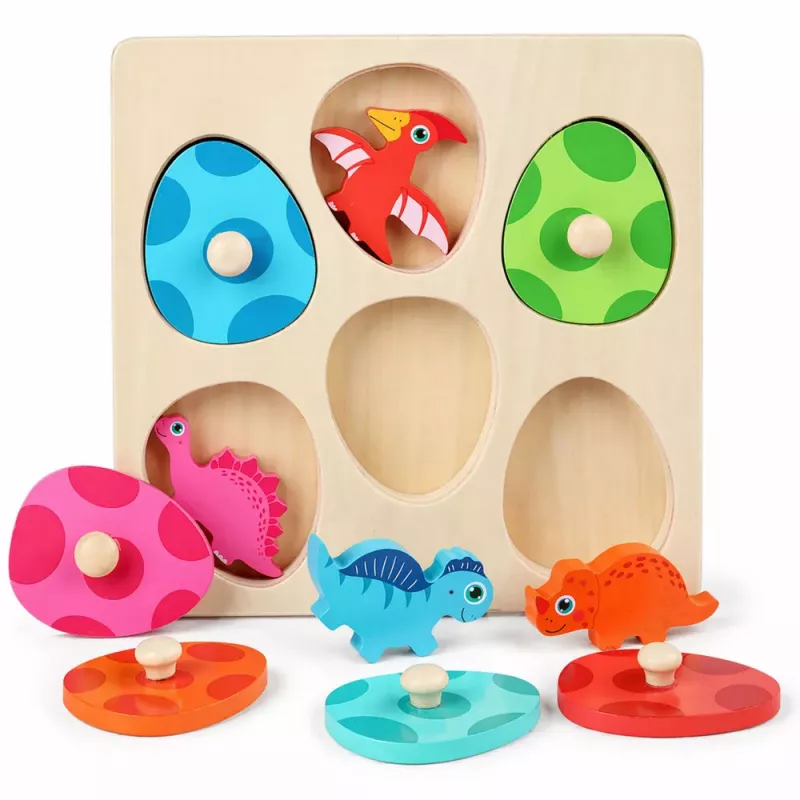 LEAN TOYS Wooden Puzzle Dinosaurs in Eggs Educational Memory Game