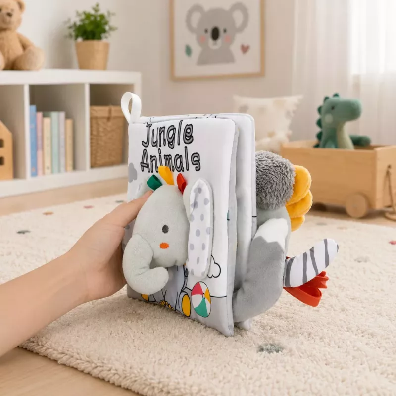 LEAN TOYS Pehme sensoorne raamat sahiseva ja piiksuva elevandiga, hall