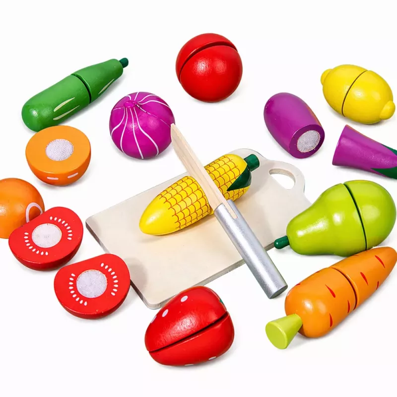 LEAN TOYS Wooden Fruit Vegetable Chopping Board Safety Knife Bucket Set 13 pcs