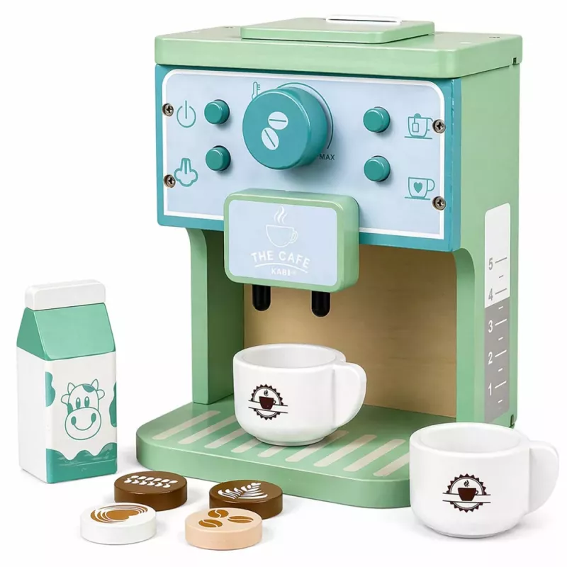 LEAN TOYS Puidust kohvimasina komplekt tasside, piima ja tarvikutega lastele