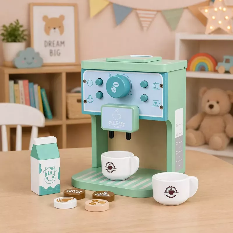 LEAN TOYS Puidust kohvimasina komplekt tasside, piima ja tarvikutega lastele