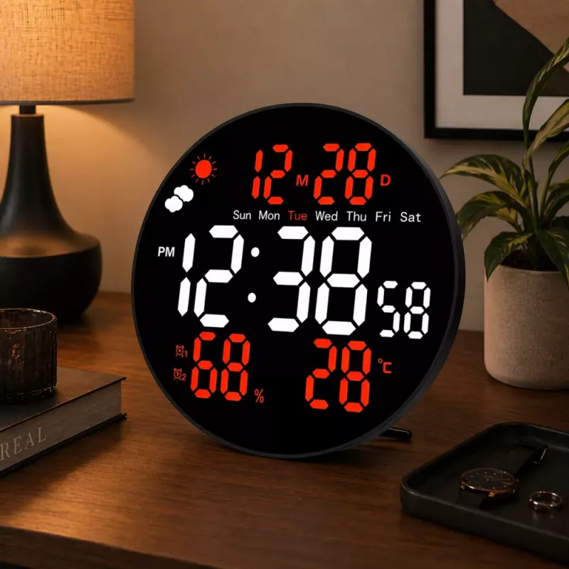 LEAN Digital LED seinakell kuupäeva, temperatuuri, niiskuse, alarmi ja kaugjuhtimispuldiga 25 cm