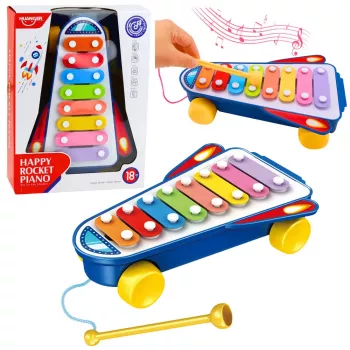 LEAN TOYS Laste taldrikud Rakett ratastel Kosmoselaev Pulgaga Sinine