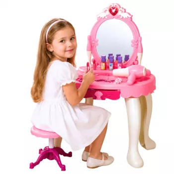 LEAN TOYS Lasten meigilaud tooliga, tuled, föön, tarvikud, helid, roosa