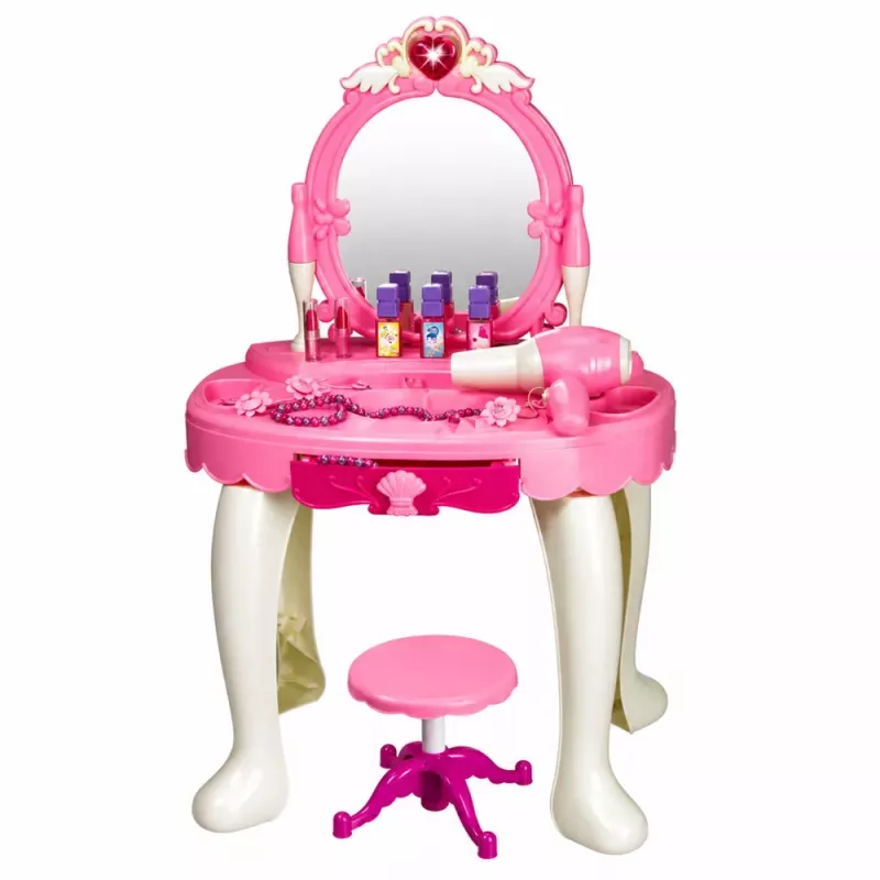 LEAN TOYS Lasten meigilaud tooliga, tuled, föön, tarvikud, helid, roosa