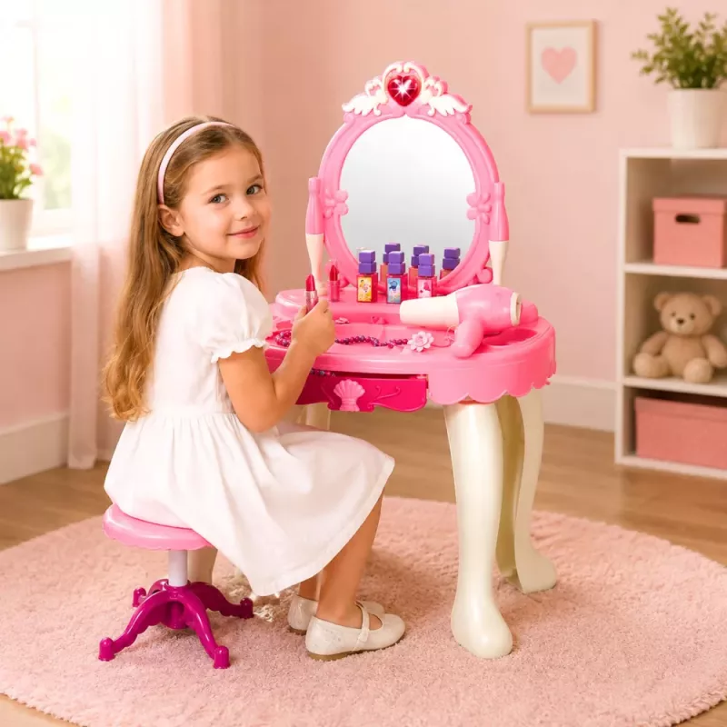LEAN TOYS Lasten meigilaud tooliga, tuled, föön, tarvikud, helid, roosa