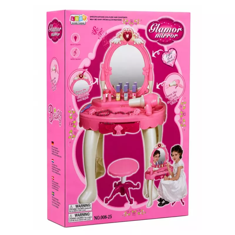 LEAN TOYS Lasten meigilaud tooliga, tuled, föön, tarvikud, helid, roosa
