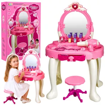 LEAN TOYS Lasten meigilaud tooliga, tuled, föön, tarvikud, helid, roosa