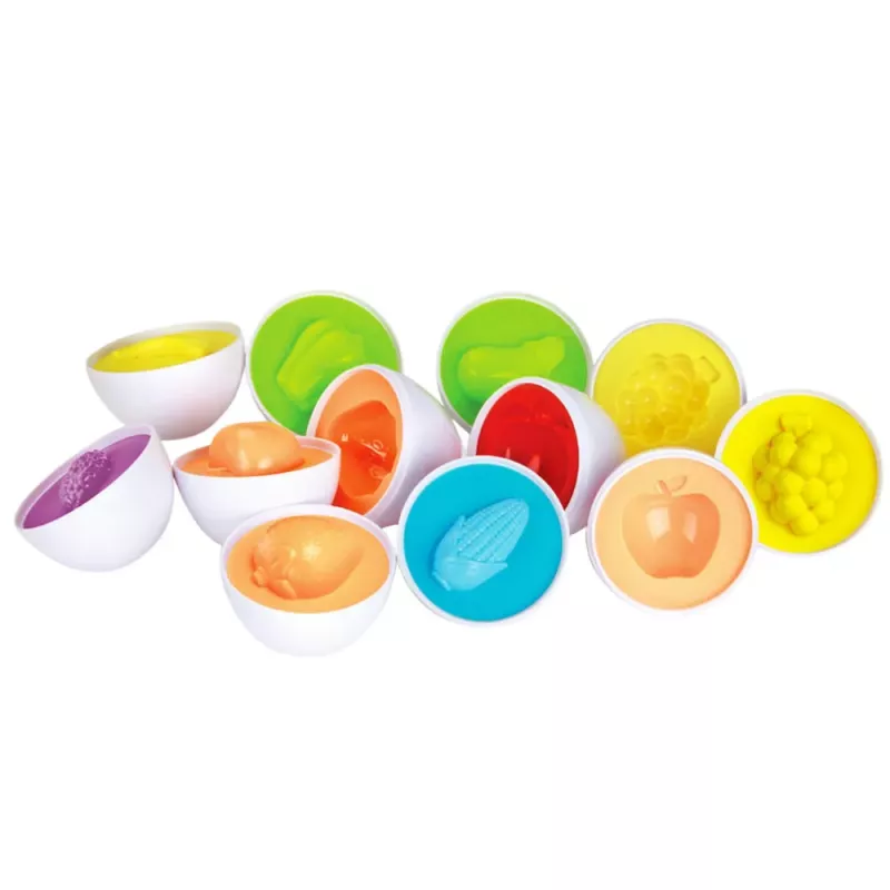 LEAN TOYS Hariv munasorter, kujude sobitamine, värvilised puuviljad, 12 tk.