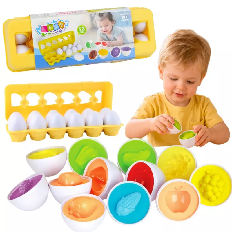 LEAN TOYS Hariv munasorter, kujude sobitamine, värvilised puuviljad, 12 tk.