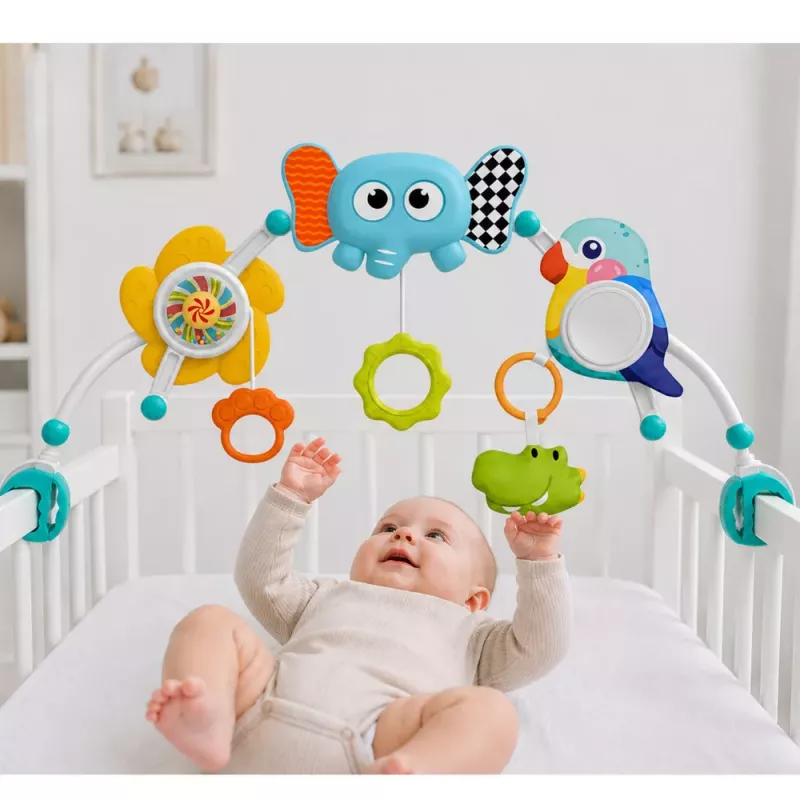 LEAN TOYS Meeleelamuskaar Elevandiga Võrevoodi, Turvatooli, Käru jaoks, Peegel, Kõristi
