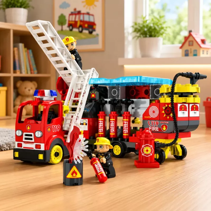 LEAN TOYS Kokkupandav Tuletõrjeauto Ehitusklotside Komplekt Tuletõrjujate Figuuride, Tulede ja Helidega, 94 Tükki
