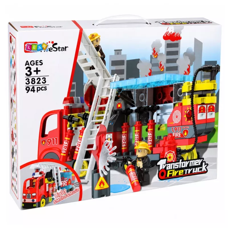 LEAN TOYS Kokkupandav Tuletõrjeauto Ehitusklotside Komplekt Tuletõrjujate Figuuride, Tulede ja Helidega, 94 Tükki