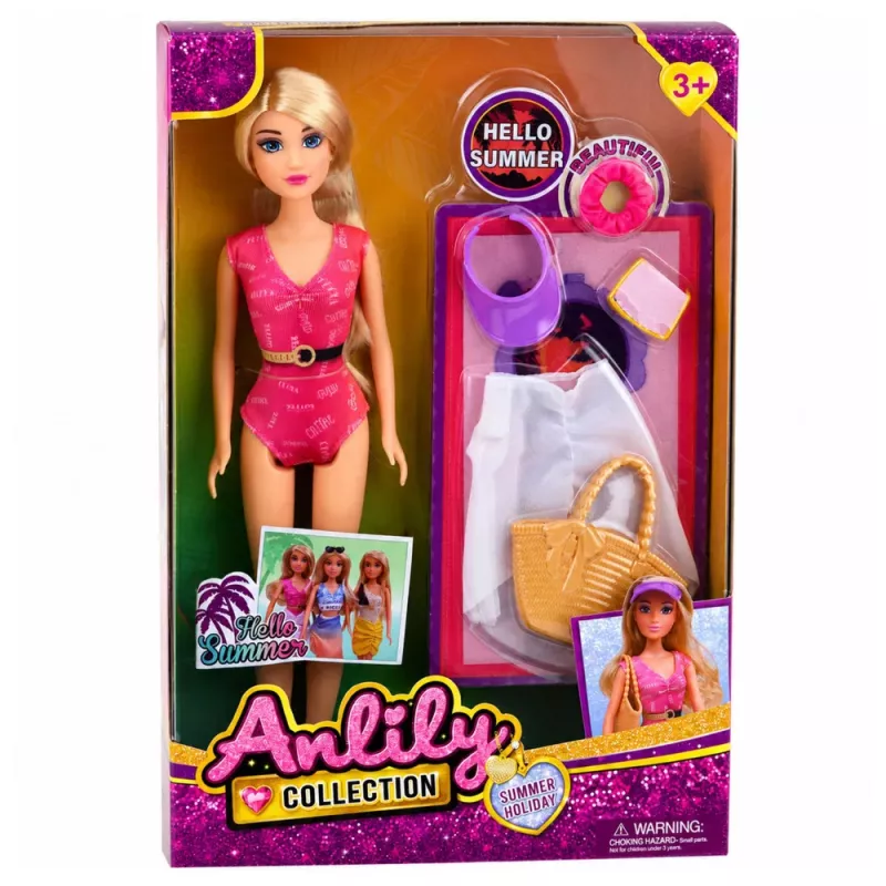 LEAN TOYS Anlily nukk ujumistrikoo, rannakoti ja aksessuaaride komplektiga