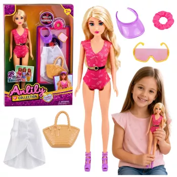LEAN TOYS Anlily nukk ujumistrikoo, rannakoti ja aksessuaaride komplektiga