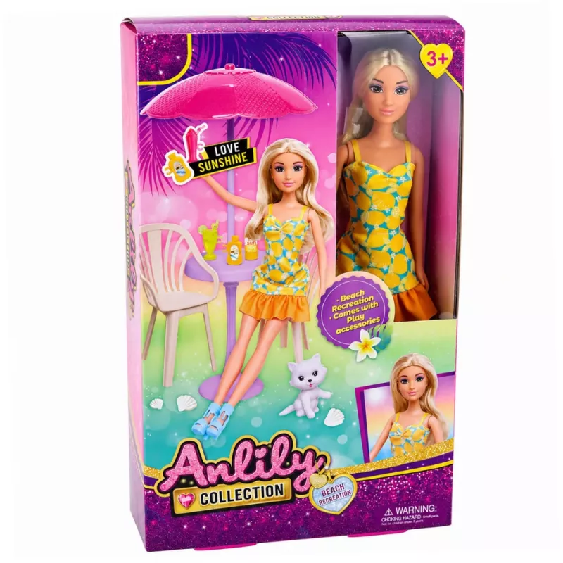 LEAN TOYS Anlily nukk kollases kleidis koos kassipoja, aiamööbli ja vihmavarjuga