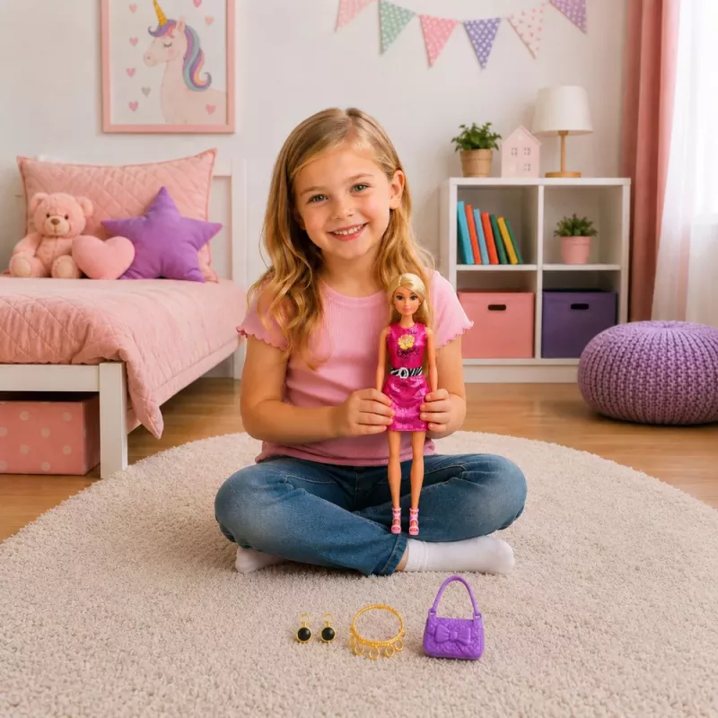 LEAN TOYS Anlily nukk roosas kleidis, käekotiga, ehete ja aksessuaaride komplekt