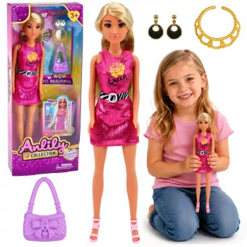 LEAN TOYS Anlily nukk roosas kleidis, käekotiga, ehete ja aksessuaaride komplekt