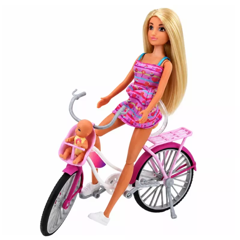 LEAN TOYS Anlily nukk roosas kleidis koos jalgratta ja beebiistmega