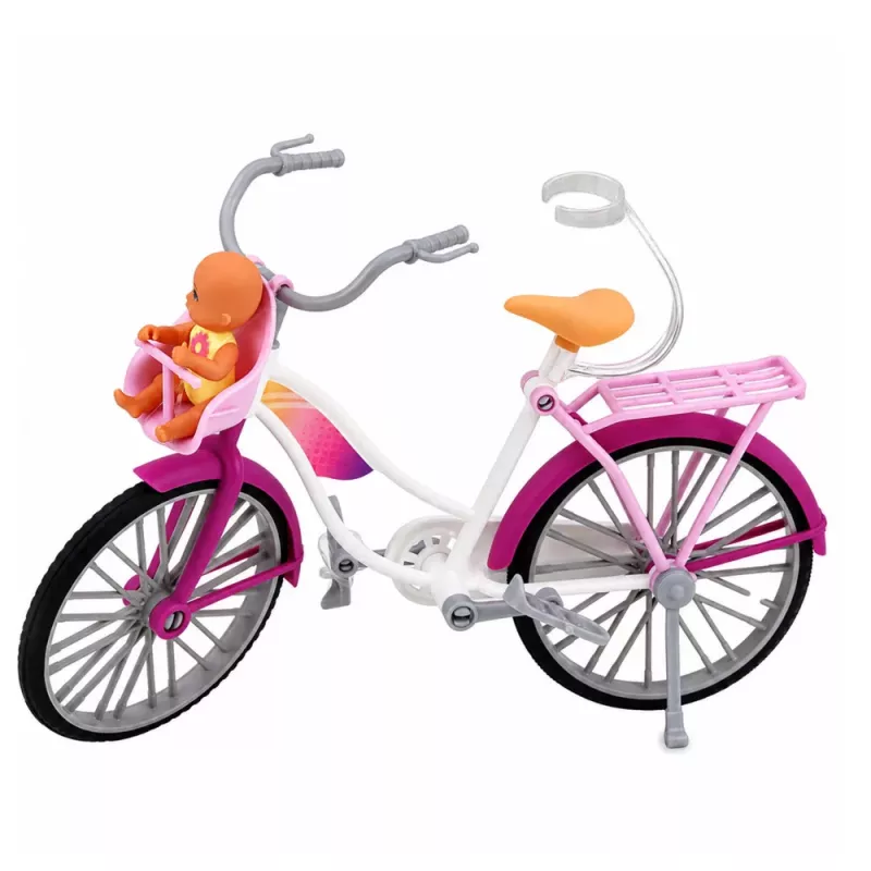 LEAN TOYS Anlily nukk roosas kleidis koos jalgratta ja beebiistmega
