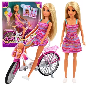 LEAN TOYS Anlily nukk roosas kleidis koos jalgratta ja beebiistmega
