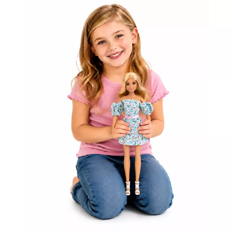 LEAN TOYS Anlily moenukk sinise lillelise kleidi, käekoti ja aksessuaaride komplektiga