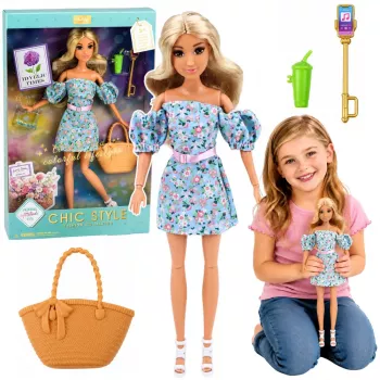 LEAN TOYS Anlily moenukk sinise lillelise kleidi, käekoti ja aksessuaaride komplektiga