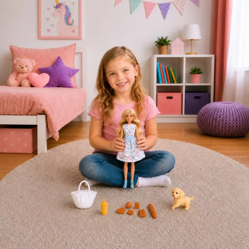 LEAN TOYS Anlily nukk koeraga, lillelise kleidi, käekoti, suupistete ja aksessuaaride komplekt