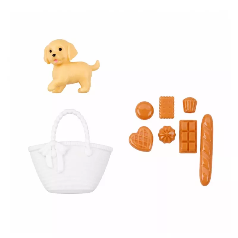 LEAN TOYS Anlily nukk koeraga, lillelise kleidi, käekoti, suupistete ja aksessuaaride komplekt