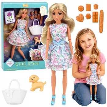 LEAN TOYS Anlily nukk koeraga, lillelise kleidi, käekoti, suupistete ja aksessuaaride komplekt