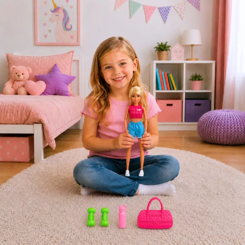 LEAN TOYS Anlily nukk spordiriietuses hantlite, veepudeli, koti ja aksessuaaride komplektiga