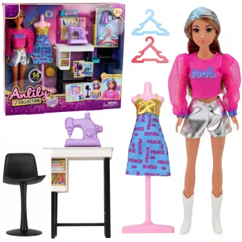 LEAN TOYS Anlily nuku moedisaineri komplekt õmblusmasina, mannekeeni ja mööbliga