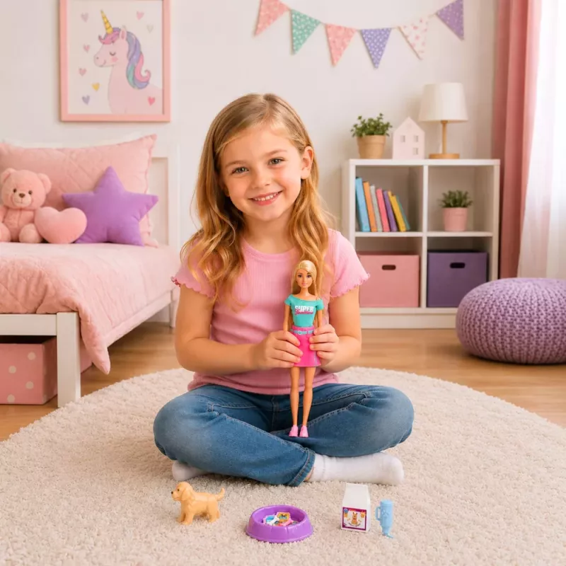 LEAN TOYS Anlily nukk koerakutsika ja tarvikute voodikomplektiga