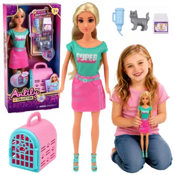 LEAN TOYS Anlily nukk lemmikloomakandja ja halli kassipojaga komplekt