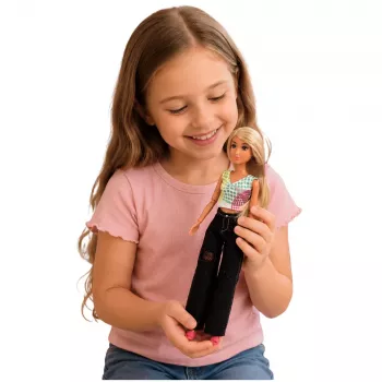 LEAN TOYS Anlily moenukk tumedates teksades, värvilise topi ja blondide juustega