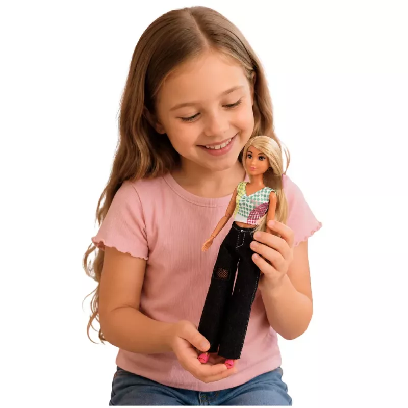 LEAN TOYS Anlily moenukk tumedates teksades, värvilise topi ja blondide juustega