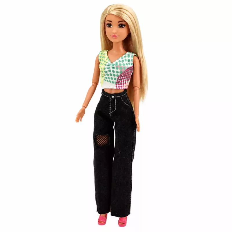 LEAN TOYS Anlily moenukk tumedates teksades, värvilise topi ja blondide juustega