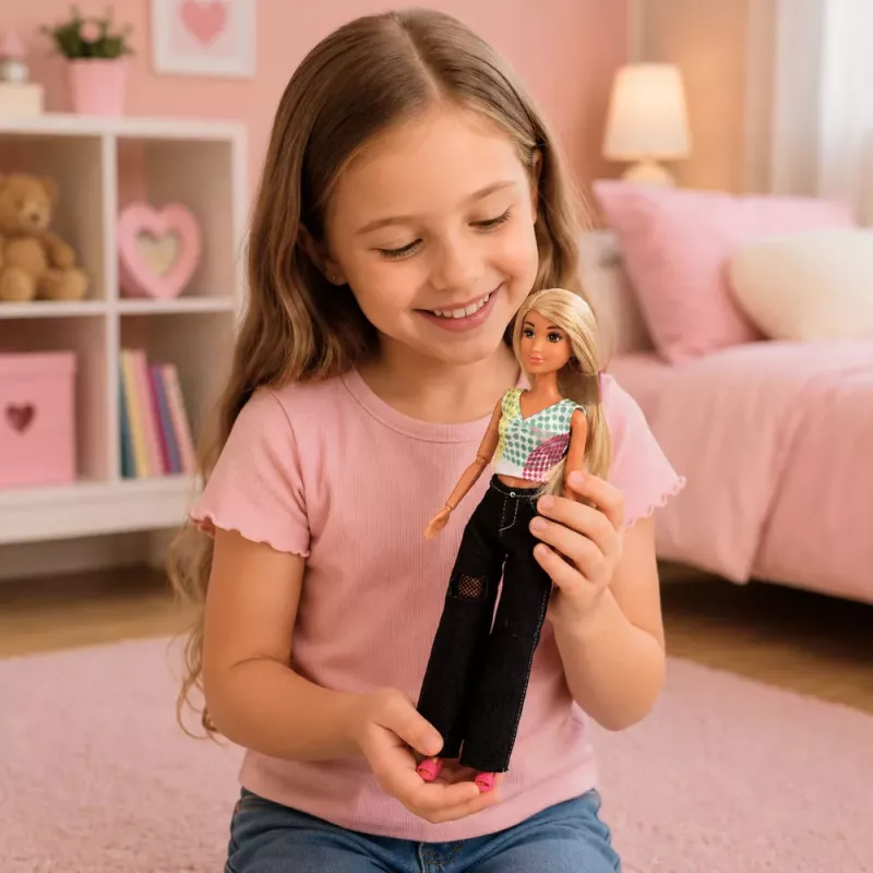 LEAN TOYS Anlily moenukk tumedates teksades, värvilise topi ja blondide juustega